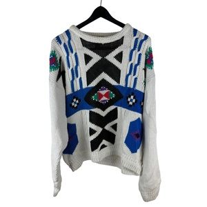 Vintage 90s Etchings Colorful Coogi Style Knitted Crew Sweater Size XL